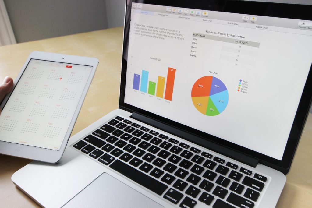 laptop displaying graphs with tablet calendar for planning