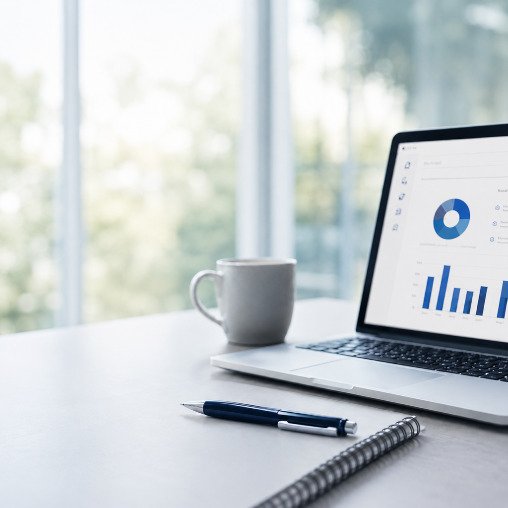 desk with laptop showing business analytics charts on screen