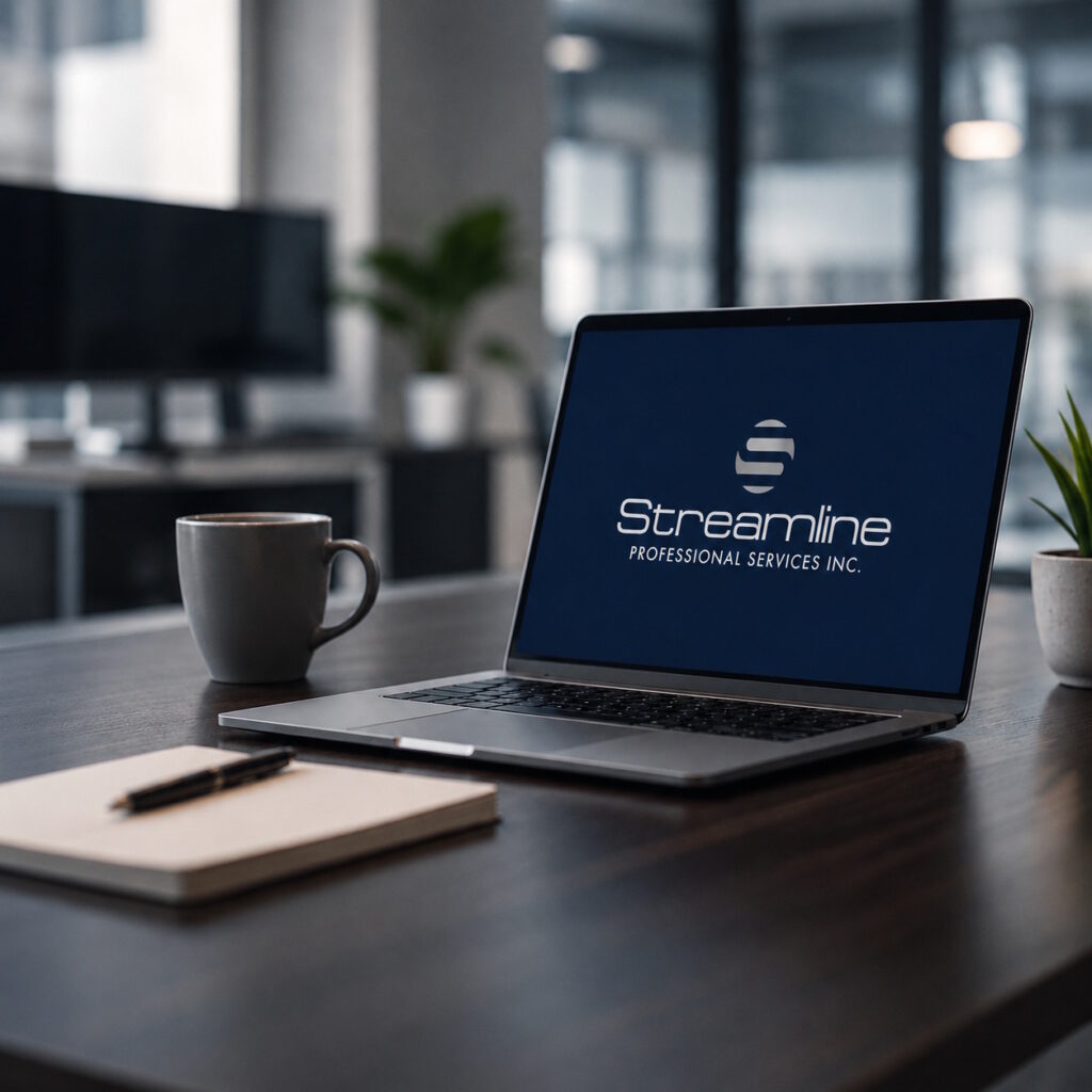 Streamline logo displayed on a laptop in an office Streamline logo displayed on a laptop in an office